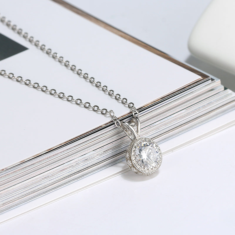 Halo Round Pendant Necklace for Women Sterling Silver Clear Cz Ginger Lyne Collection