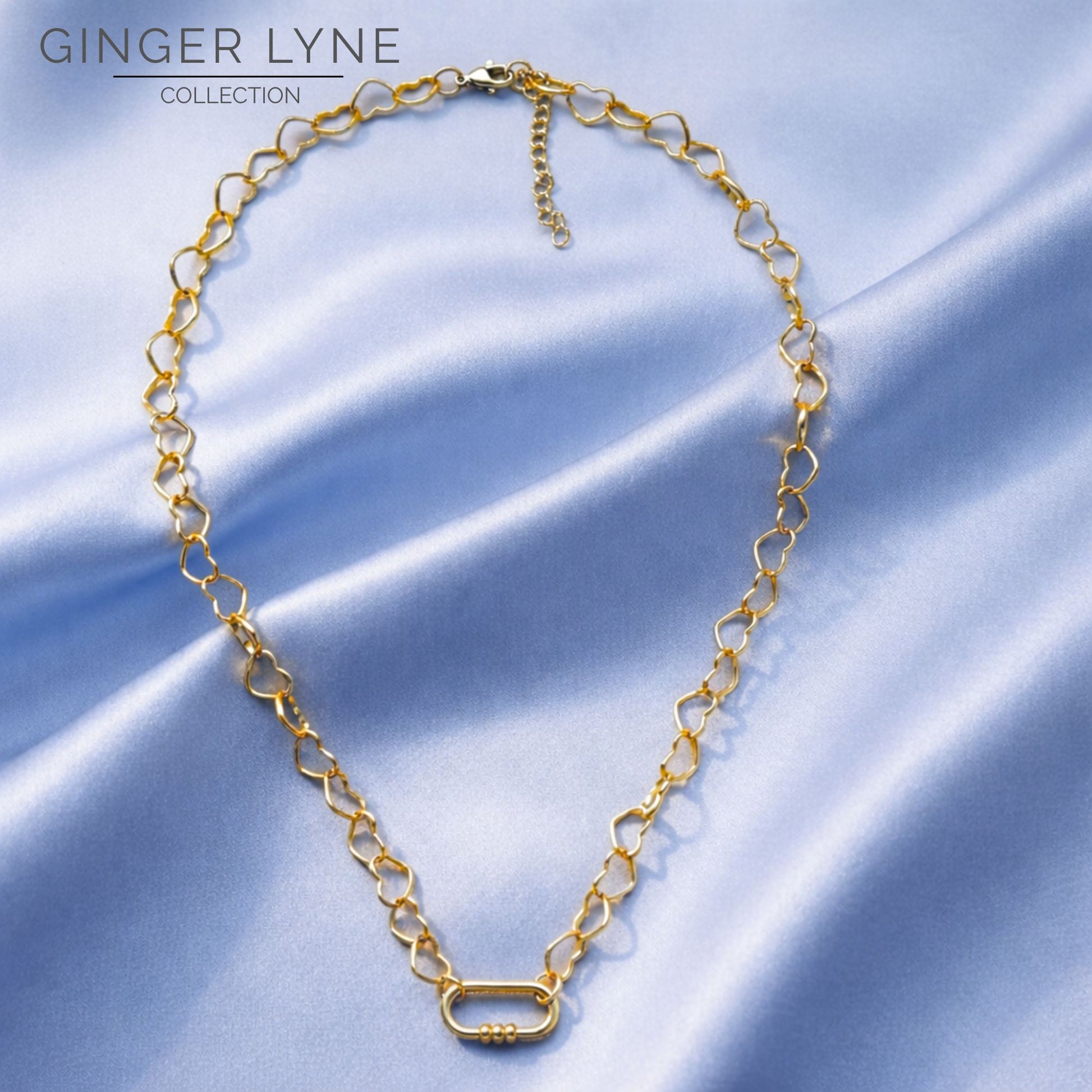 Carabiner Charm Holder Necklace for Women by Ginger Lyne Heart Link Chain 18KT Gold Plated Stainless Steel 18-20" - Gold-Heart Chain/Rect 3 Bead CH