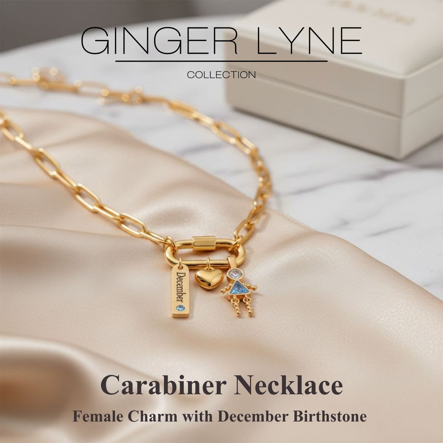 Carabiner Family Birthstone Necklace for Mom or Grandma by Ginger Lyne Stainless Steel CZ Birthday Charms_Female-December-Gold-2