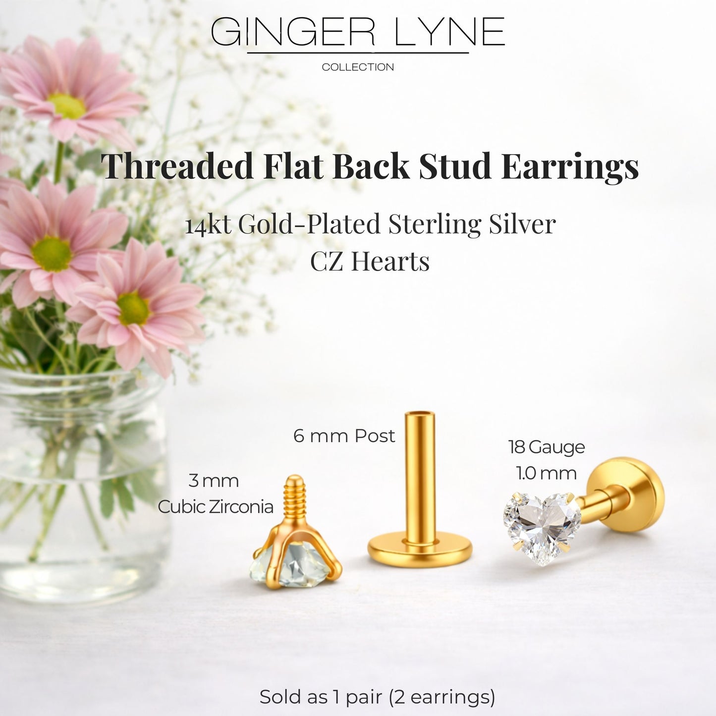 Ginger Lyne Solitaire Heart Flat Back Stud Earrings Sterling Silver Cubic Zirconia Body Jewelry - Gold-3mmCZ-18G-6mmPost
