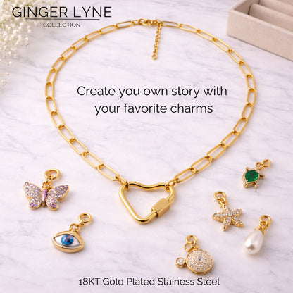 Heart Carabiner Charm Holder Necklace for Women by Ginger Lyne Paperclip Chain 18KT Gold Plated Stainless Steel 18-20" - Gold-PaperclipChain/Heart CH