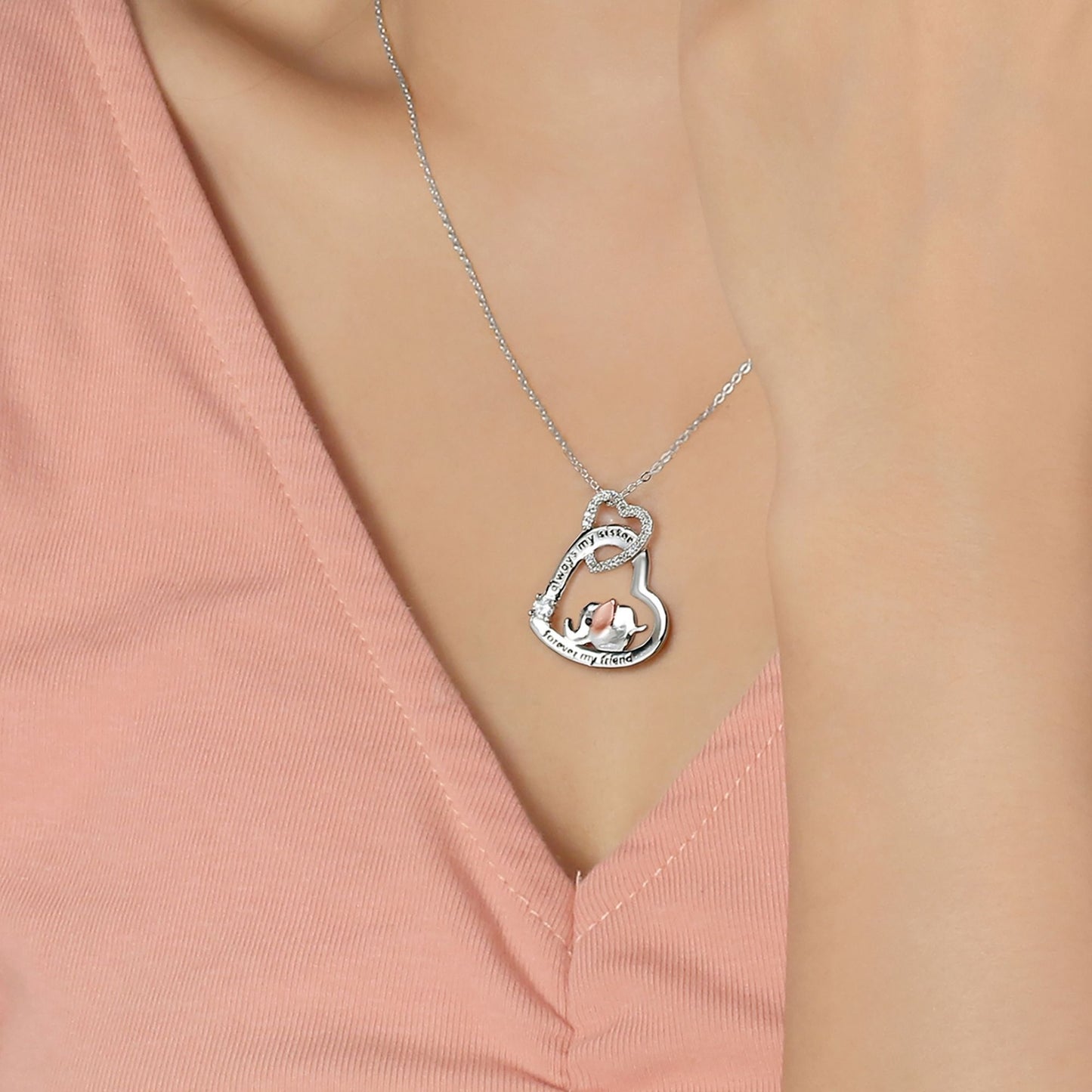 Sister Elephant Heart Pendant Necklace for Women Sterling Silver CZ Ginger Lyne Collection