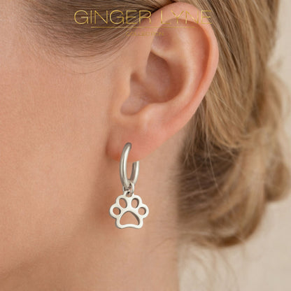Dog Paw Charm Dangle Huggie Hoop Earrings for Women by Ginger Lyne 16mm Stainless Steel - Silver Tone