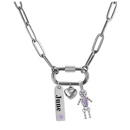 CarabinerFamilyBirthstoneNecklaceforMomorGrandmabyGingerLyneStainlessSteelCZBirthdayCharms_Male-June-Silver-1