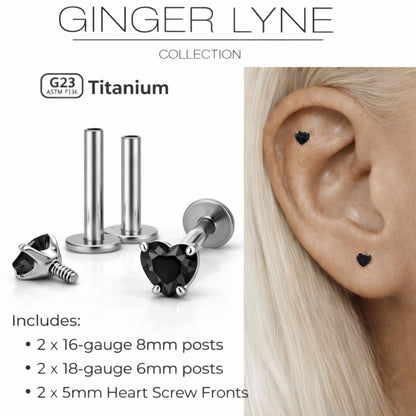 Small Heart CZ Solitaire Flat Back Stud Earrings Body Piercings by Ginger Lyne 2 Sets Post 6mm 8mm Included - 5mm-Black