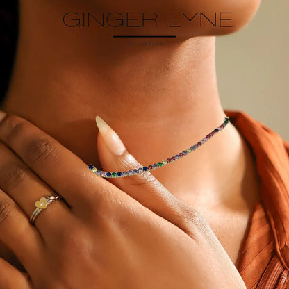 ColorfulTennisNecklaceforWomen3mmCubicZirconiaAdjustable17"Length14KGoldPlatedStainlessSteelbyGingerLyne_GoldTone-3