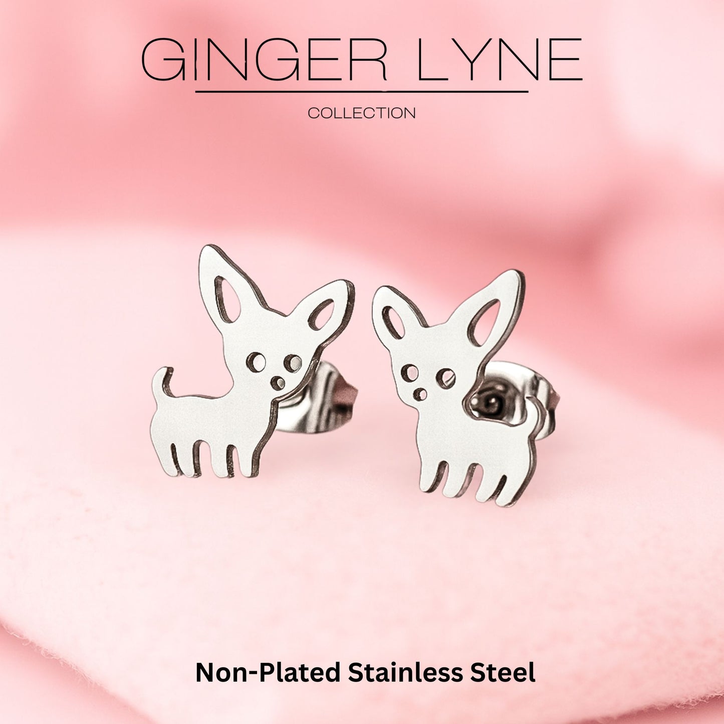 Ginger Lyne Chihuahua Dog Stud Earrings for Women Stainless Steel Puppy Pet Jewelry Gifts - Silver Tone