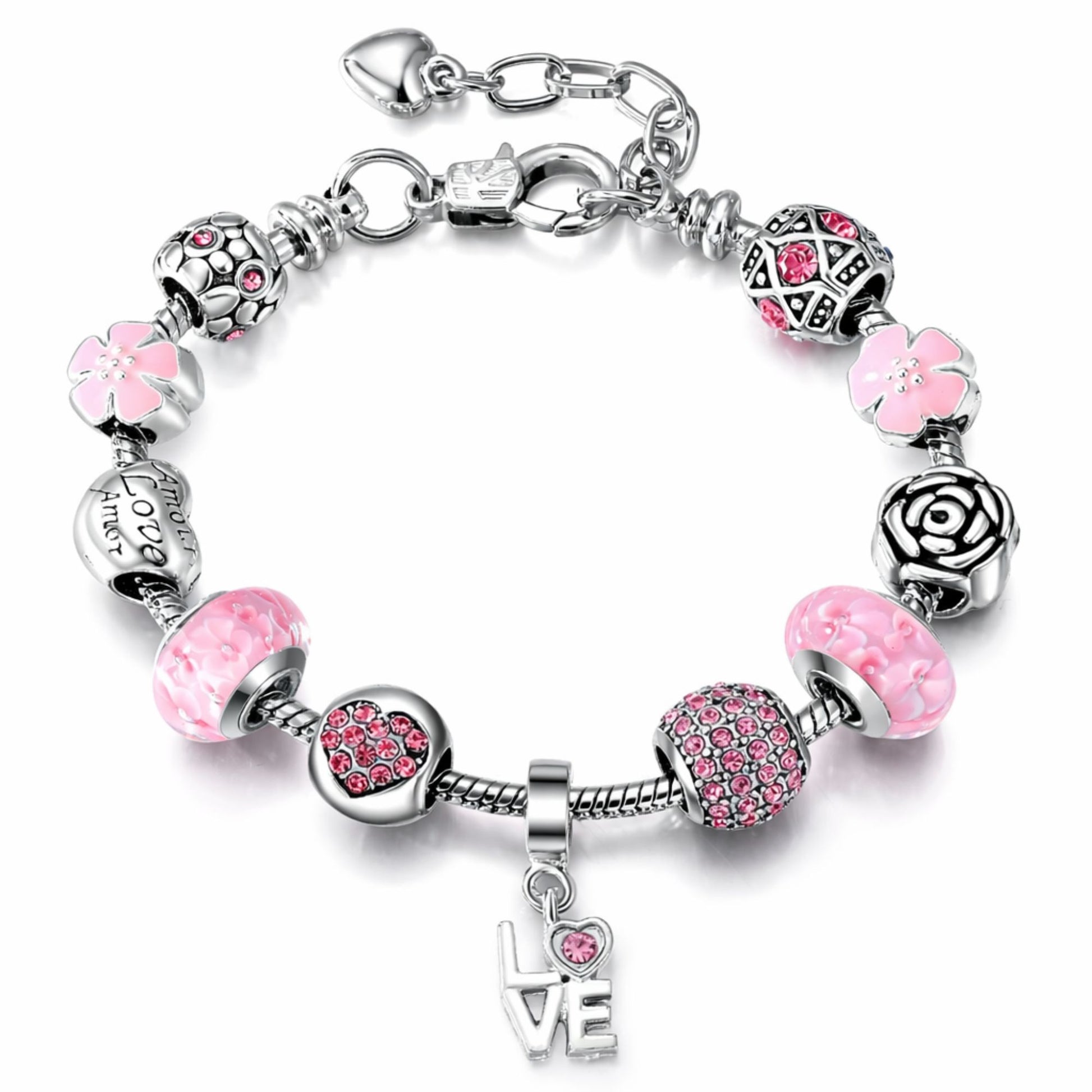 LoveThemeCharmBraceletforWomenbyGingerLyne9"AlloyPinkItalianStyleBeadsValentinesGifts_Pink-1