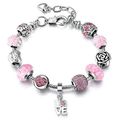LoveThemeCharmBraceletforWomenbyGingerLyne9"AlloyPinkItalianStyleBeadsValentinesGifts_Pink-1