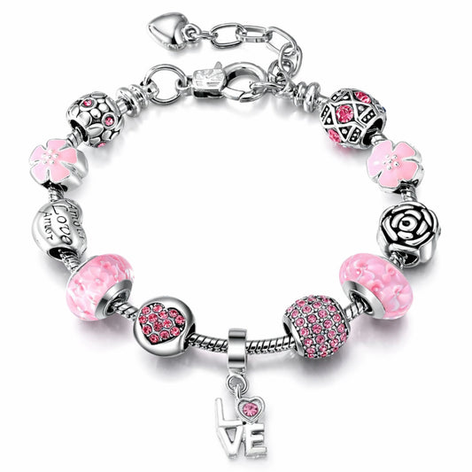 LoveThemeCharmBraceletforWomenbyGingerLyne9"AlloyPinkItalianStyleBeadsValentinesGifts_Pink-1