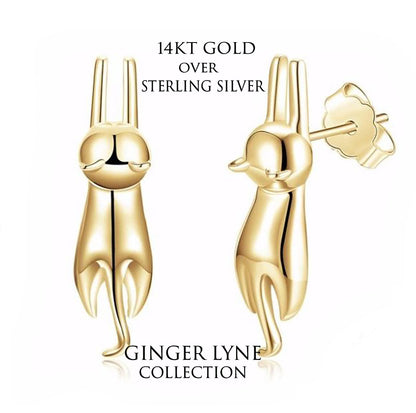 Hanging Cat Kitty Stud Earrings for Women Sterling Silver Ginger Lyne Collection - Gold
