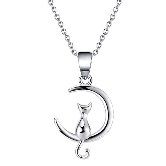 Kitty Cat on Moon Pendant Necklace for Women or Girls Sterling Silver Ginger Lyne Collection