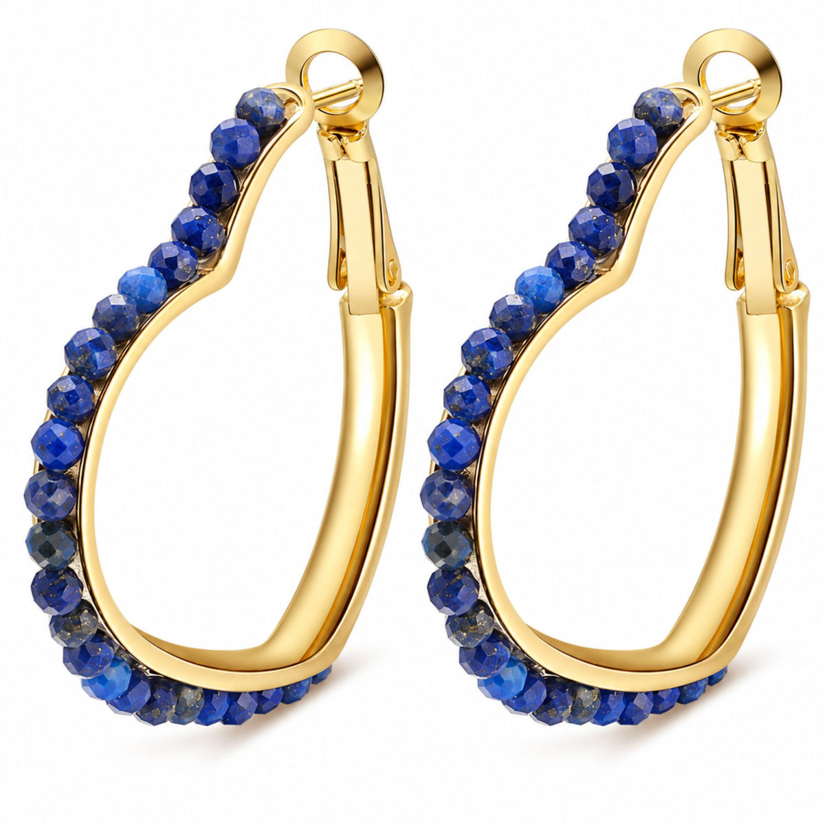 Heart Hoop Earrings for Women 14K Gold Plated Sterling Silver Natural Blue Lapis Lazuli - Blue