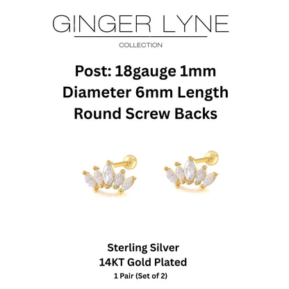 Marquise CZ Flat Back Earrings for Cartilage Helix Tragus Lobe 18g 6mm Post Sterling Silver 1 pair by Ginger Lyne - Gold