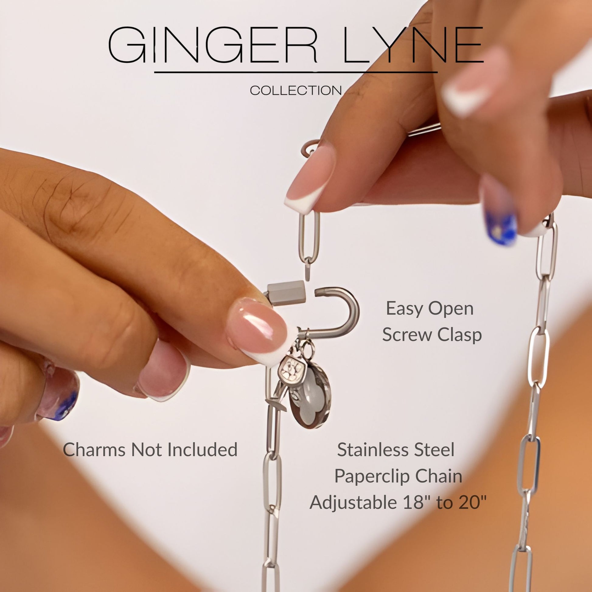 Carabiner Charm Holder Necklace for Women by Ginger Lyne Paperclip Chain 18KT Gold Plated Stainless Steel 18-20" - Gold-PaperclipChain/Rect 3 Bead CH