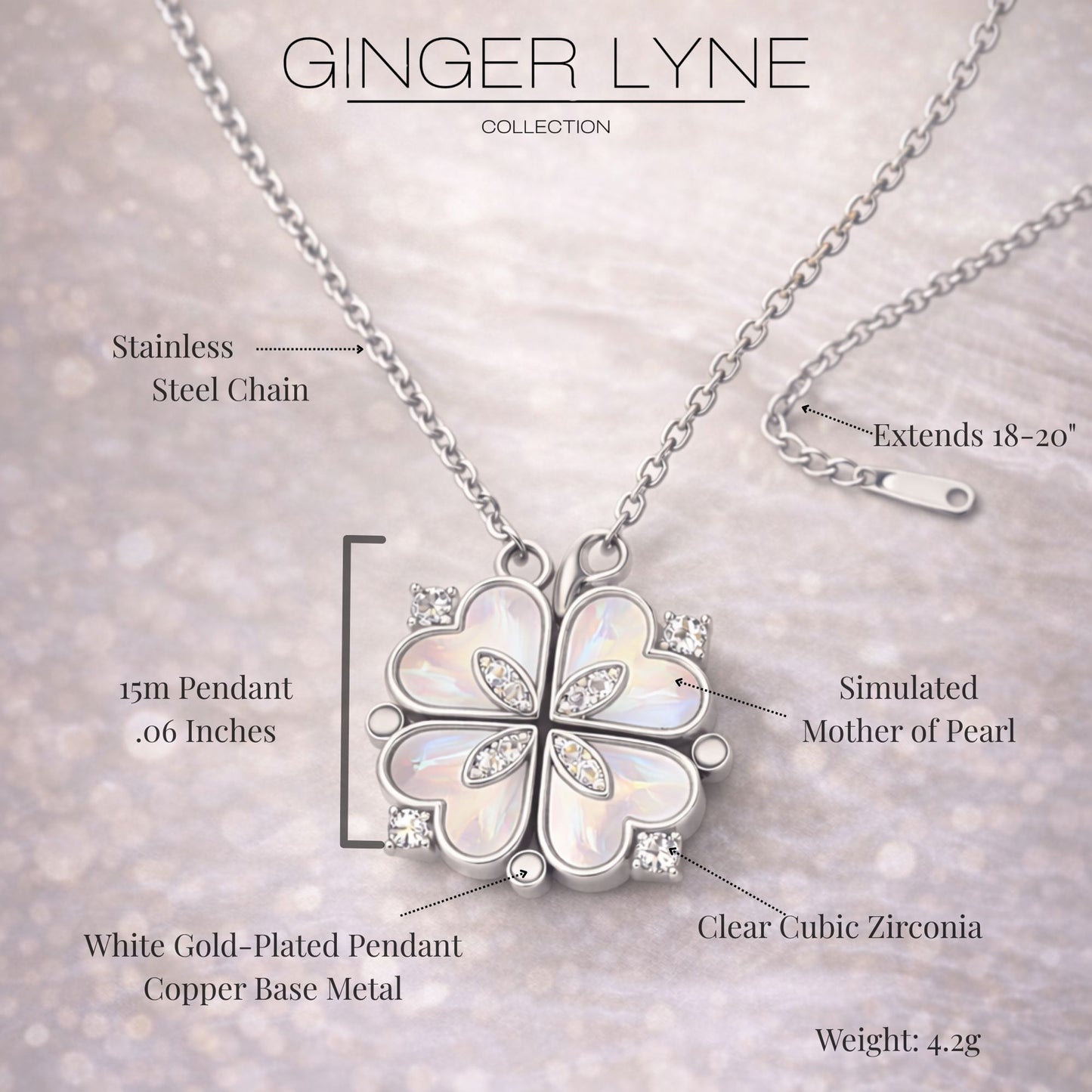 Heart to Clover 2 in 1 Pendant Necklace for Women Stainless Steel CZ by Ginger Lyne Collection - Silver Tone