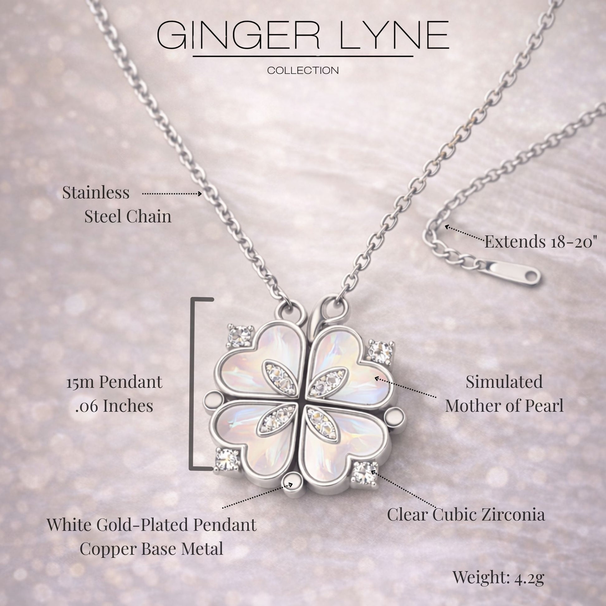 Heart to Clover 2 in 1 Pendant Necklace for Women Stainless Steel CZ by Ginger Lyne Collection - Silver Tone