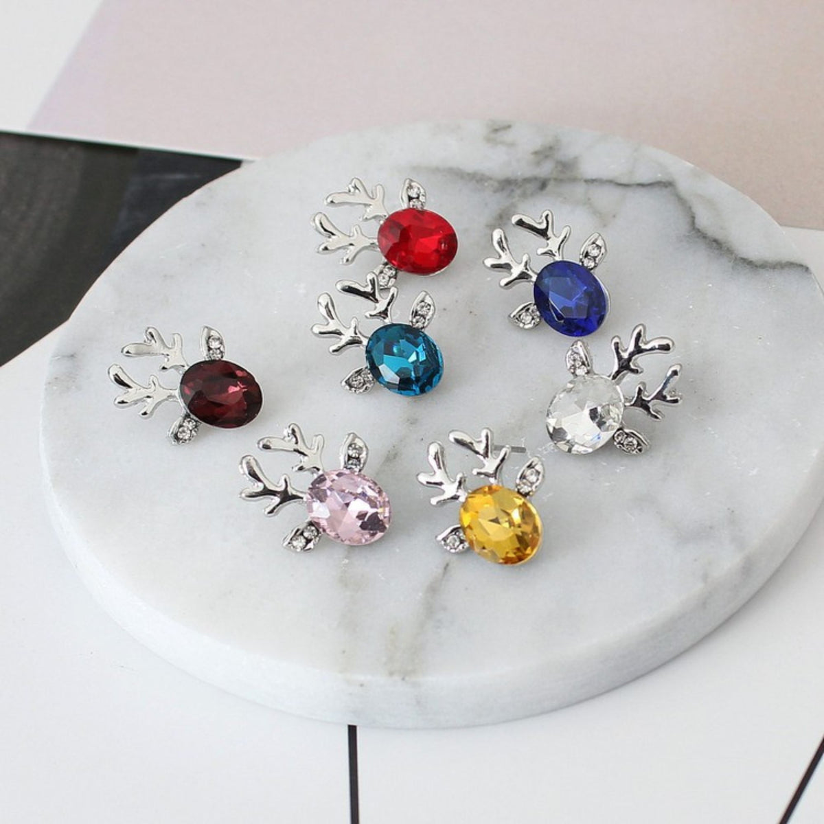 Yellow Cubic Zirconia Reindeer Stud Earrings for Women Christmas Holiday Studs Brass by Ginger Lyne - Yellow