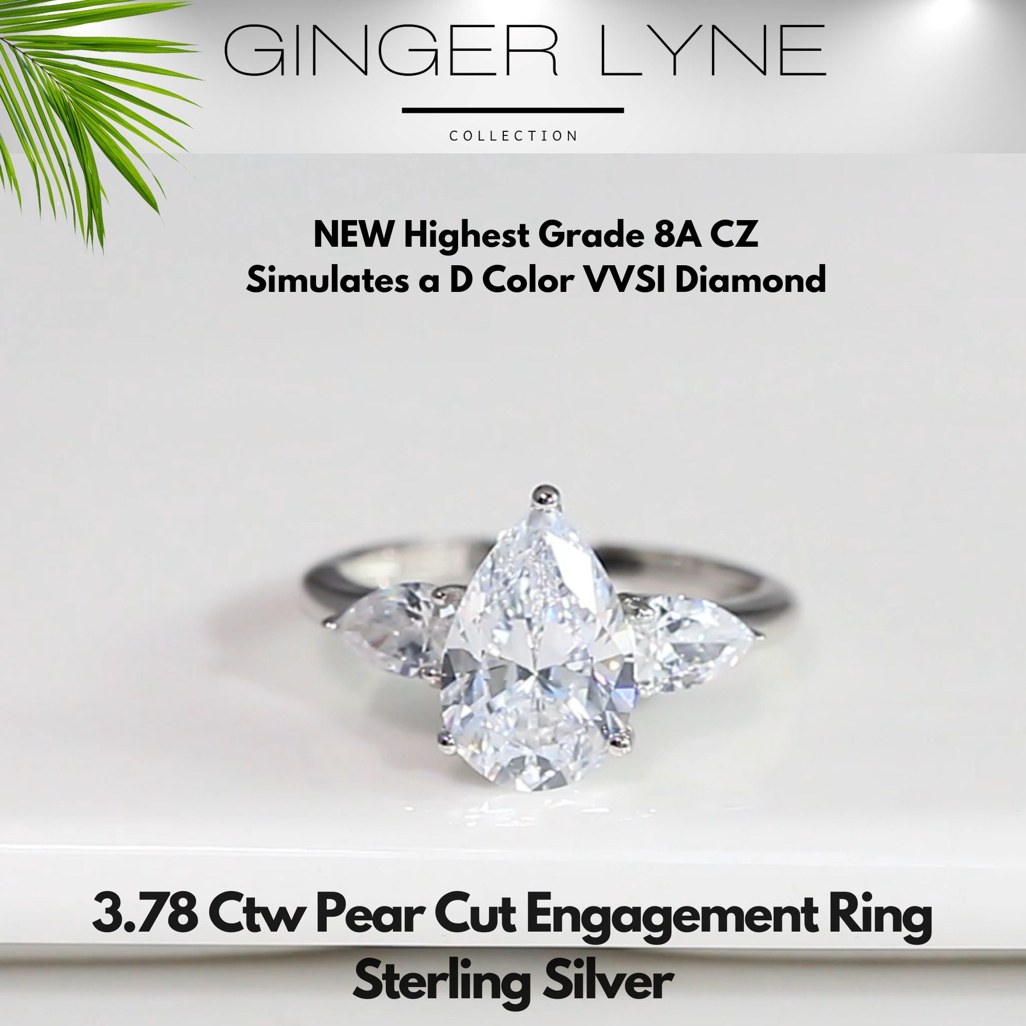 Pear Engagement Ring for Women by Ginger Lyne 3.78 Ct Simulated Diamond Sterling Silver Wedding Rings - 6
