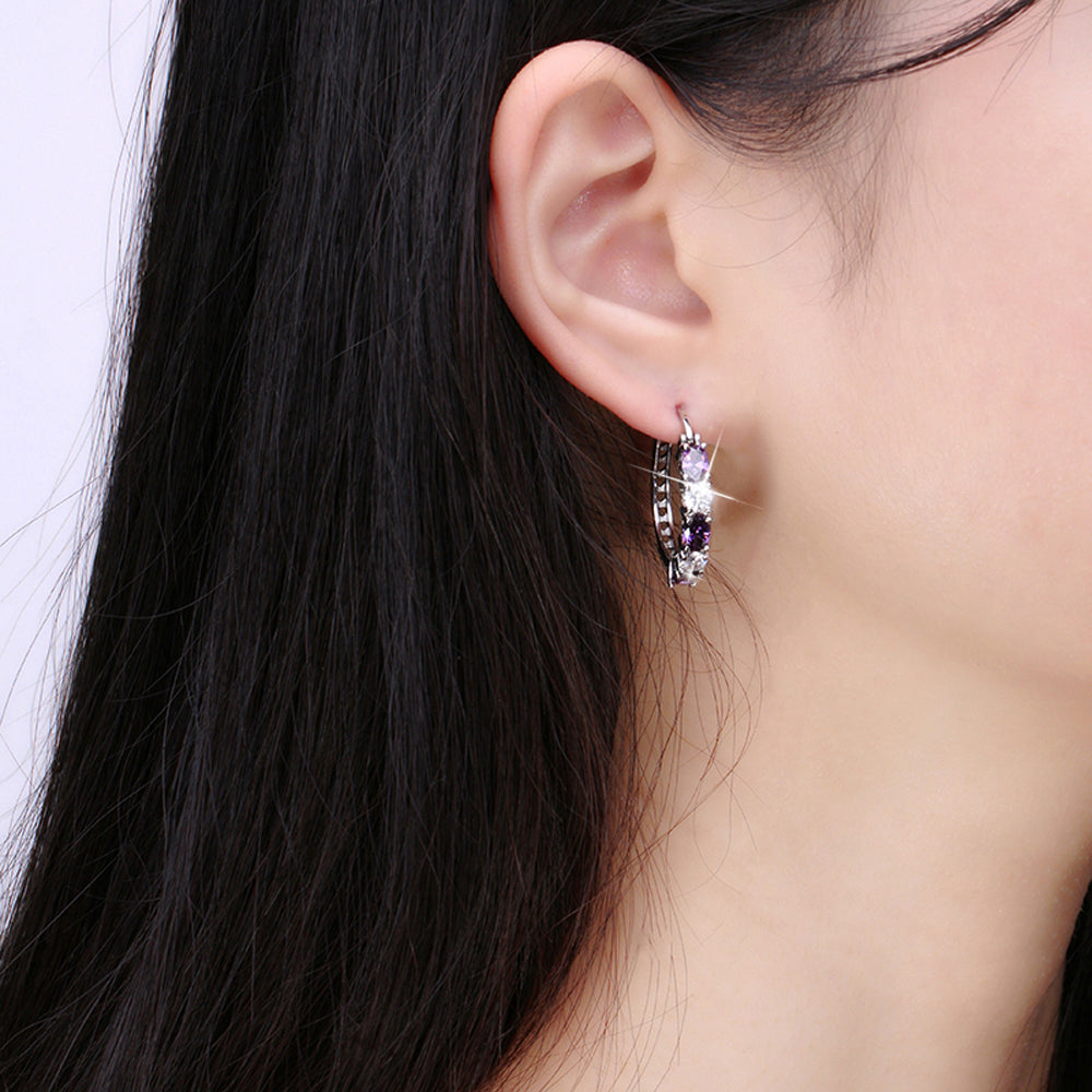 Hoop Earrings for Women Purple Cubic Zirconia White Gold Plated Ginger Lyne Collection - Silver