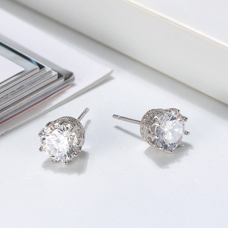 Crown Stud Earrings 8mm Round Cz Sterling Silver Womens by Ginger Lyne Collection - White Gold