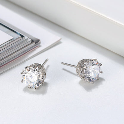 Crown Stud Earrings 8mm Round Cz Sterling Silver Womens by Ginger Lyne Collection - White Gold
