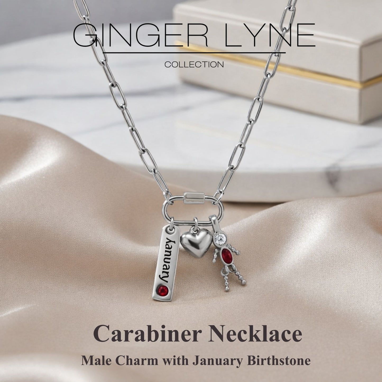 Carabiner Family Birthstone Necklace for Mom or Grandma by Ginger Lyne Stainless Steel CZ Birthday Charms_Male-January-Silver-2