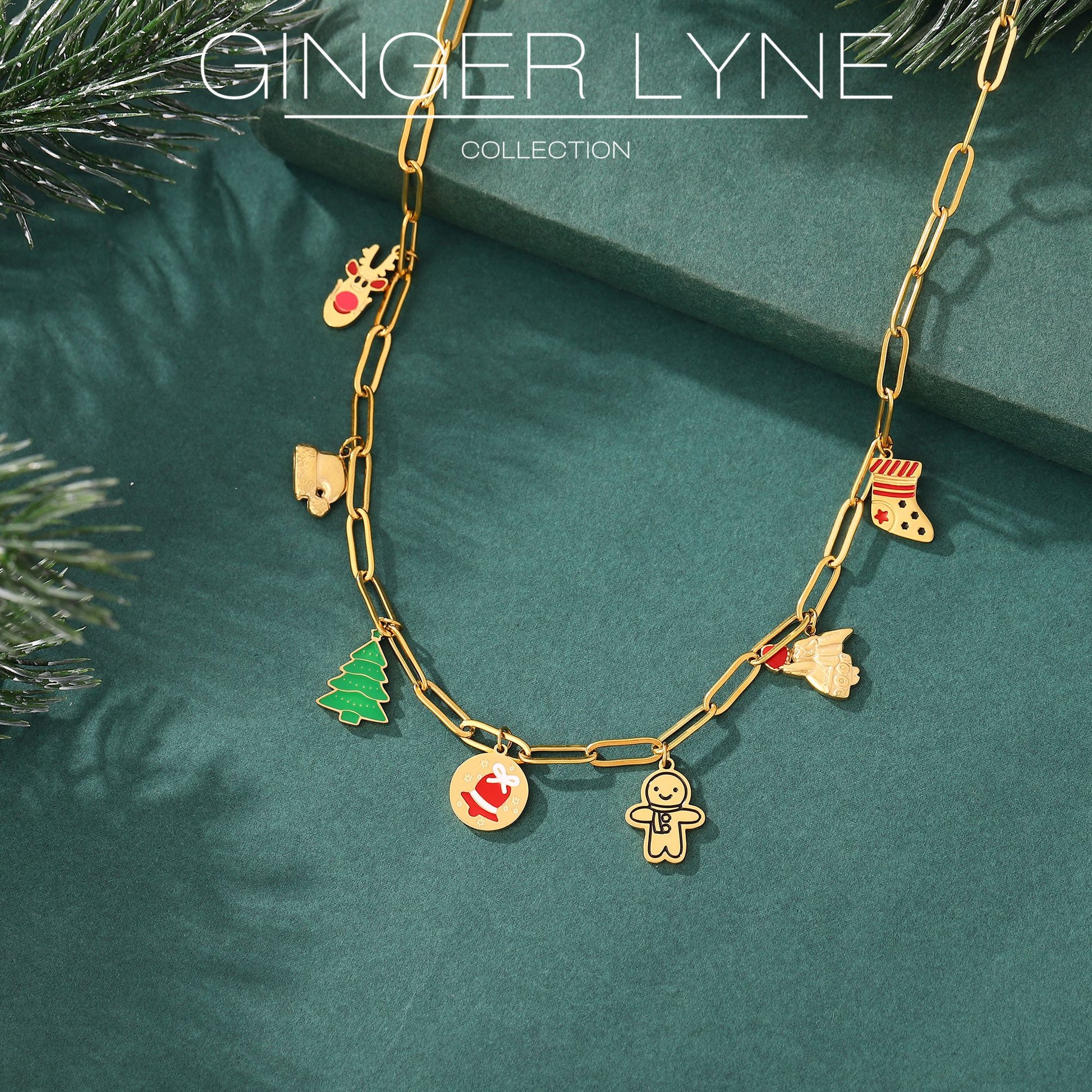 ChristmasCharmPaperclipChainNecklaceforWomen14ktGoldoverStainlessSteelAdjustableto18"byGingerLyneCollection_Necklace-Gold-3