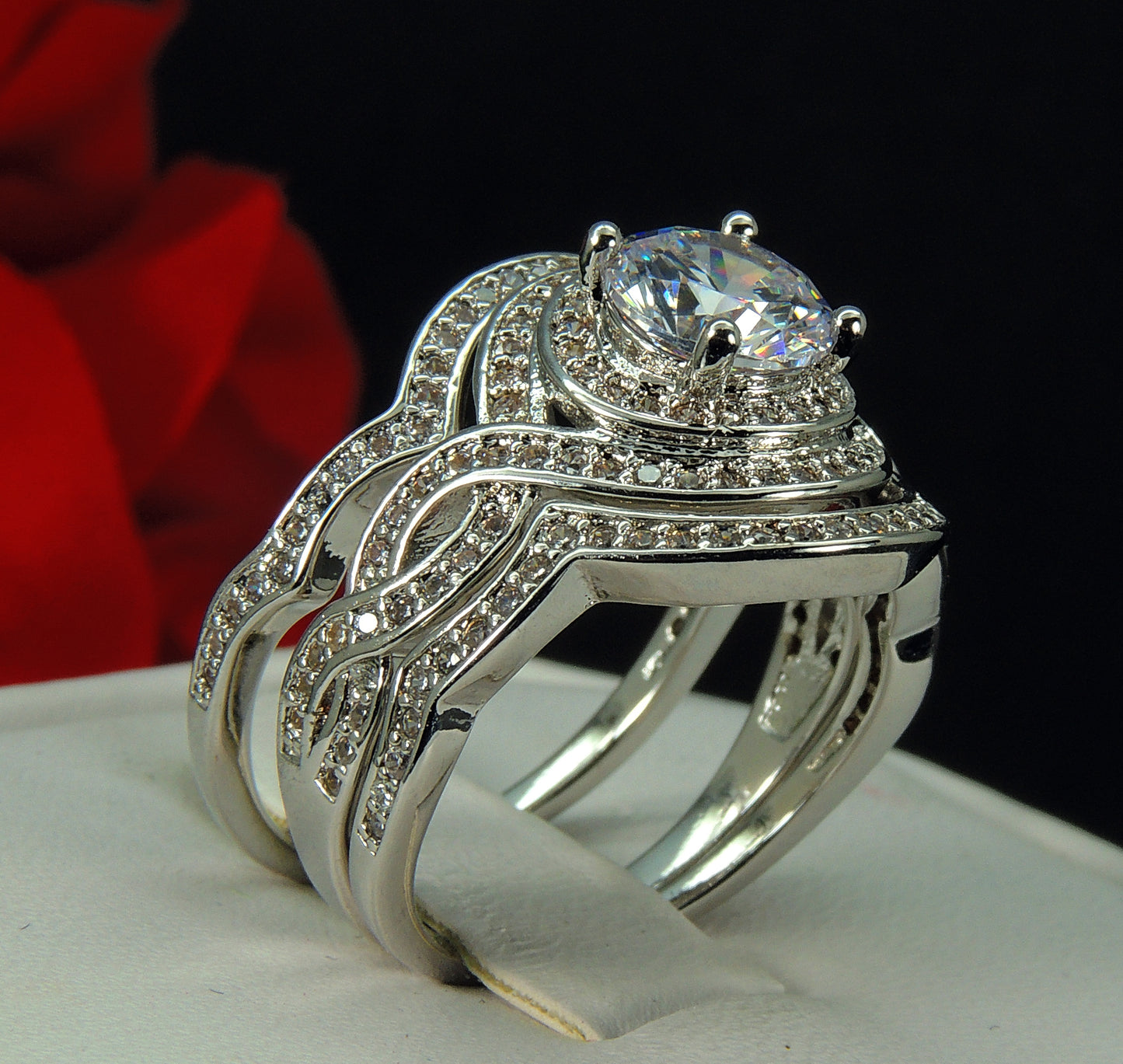 Barbara Wedding Ring Set for Women Halo 3pc Engagement Matching Bands Ginger Lyne Collection