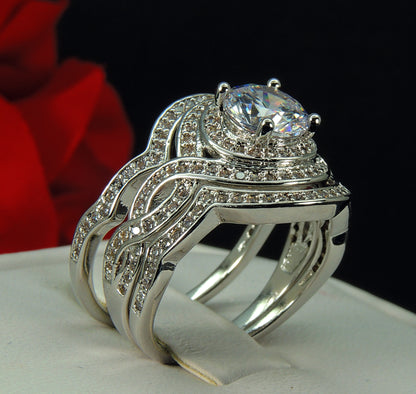 Barbara Wedding Ring Set for Women Halo 3pc Engagement Matching Bands Ginger Lyne Collection