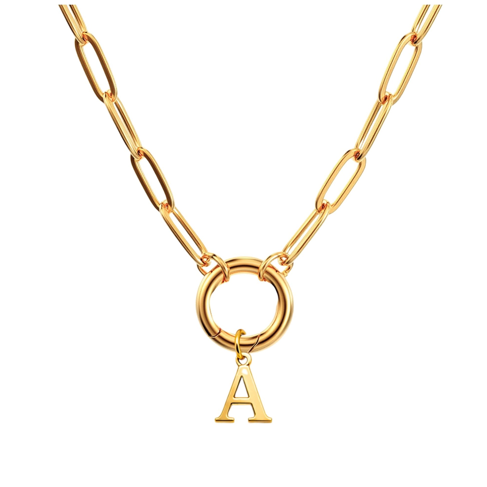 PaperclipLinkCircleCarabinerIntialLetterCharmHolderNecklaceforWomen18ktGoldPlatedStainlessSteelGingerLyne_Gold-A-1