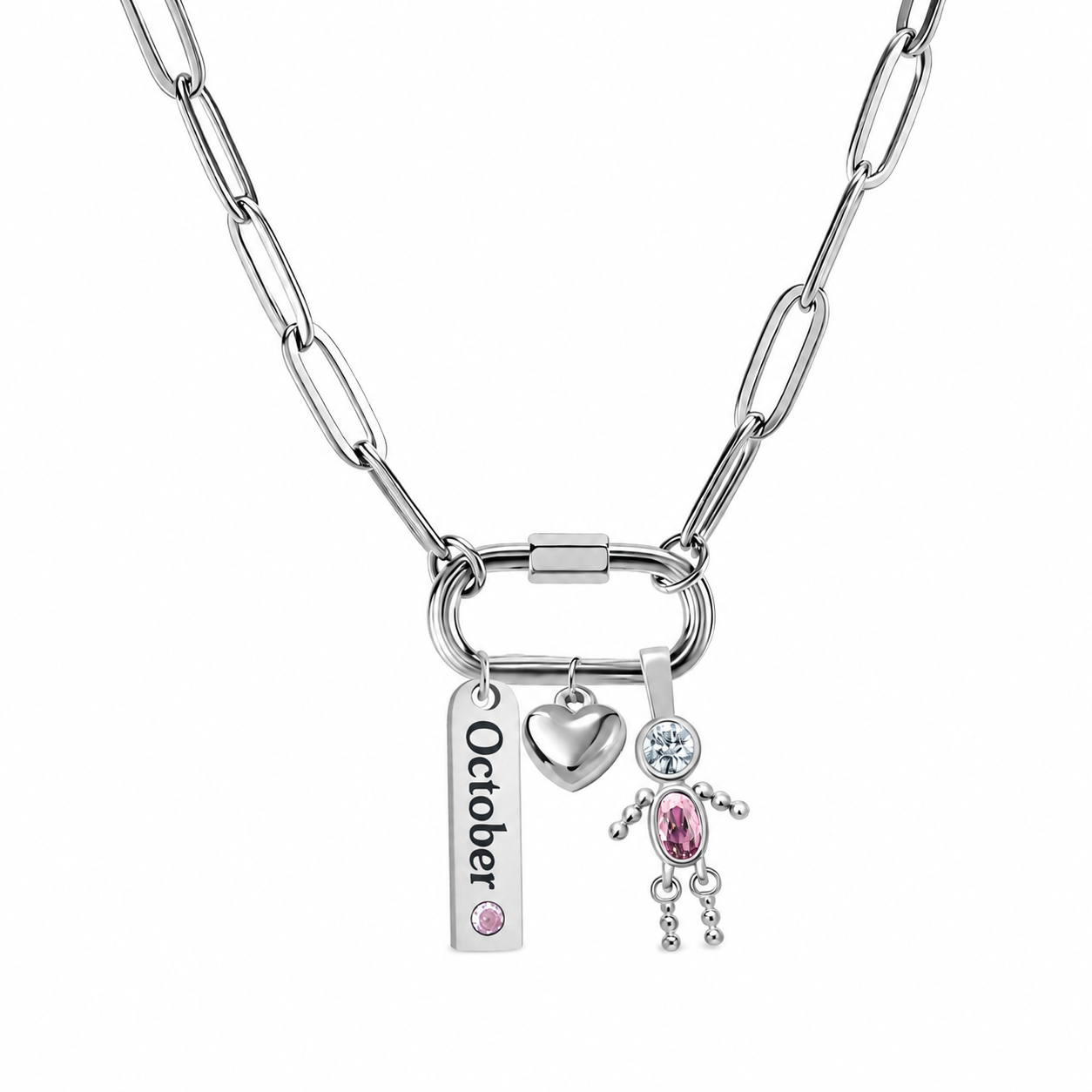OctoberBirthstoneNecklaceSilverCarabinerCharmforGrandmaGingerLynePaperclipChainStainlessSteelCZGiftforMom_Male-October-Silver-1