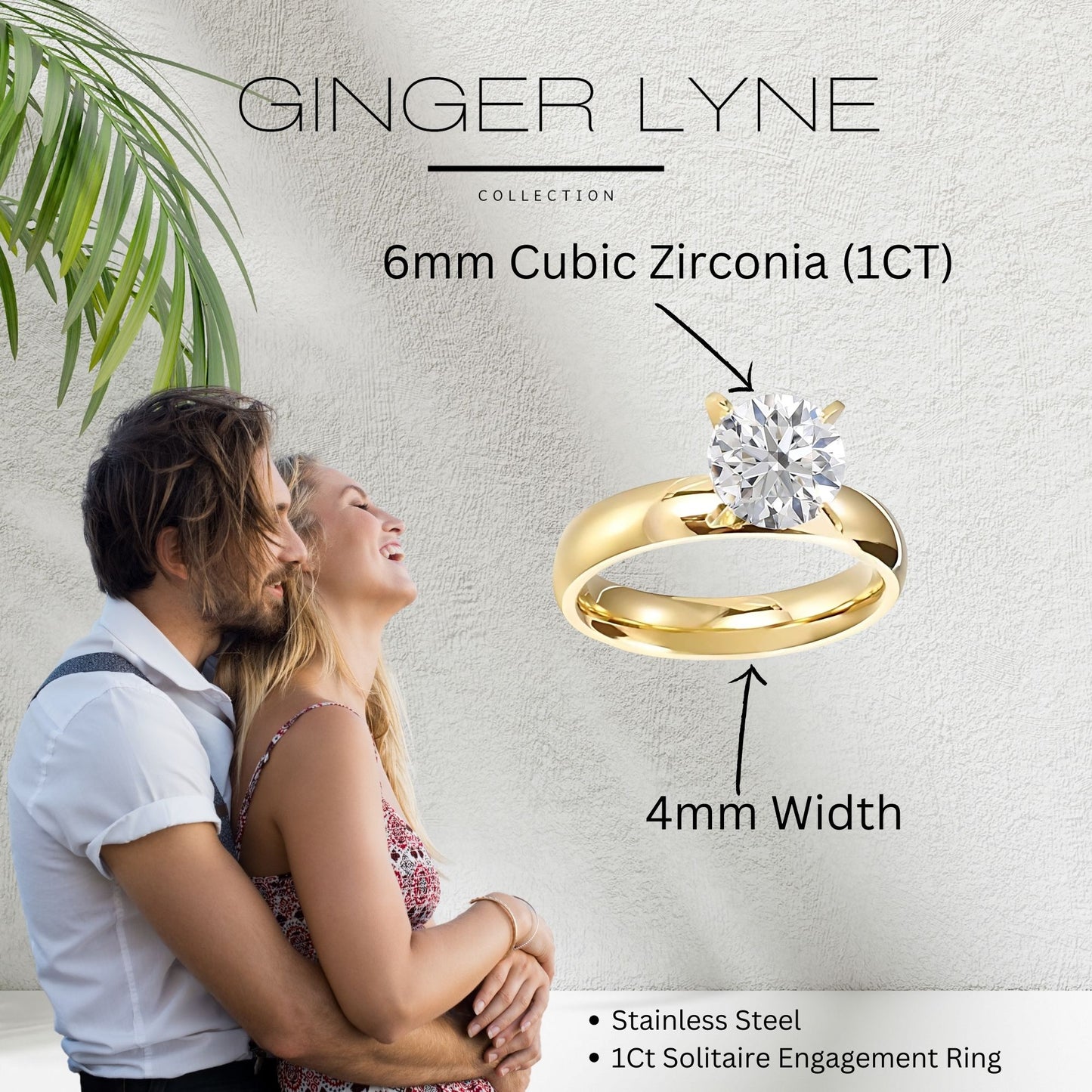 4mm Gold Stainless Steel Women Engagement Ring Ginger Lyne Collection