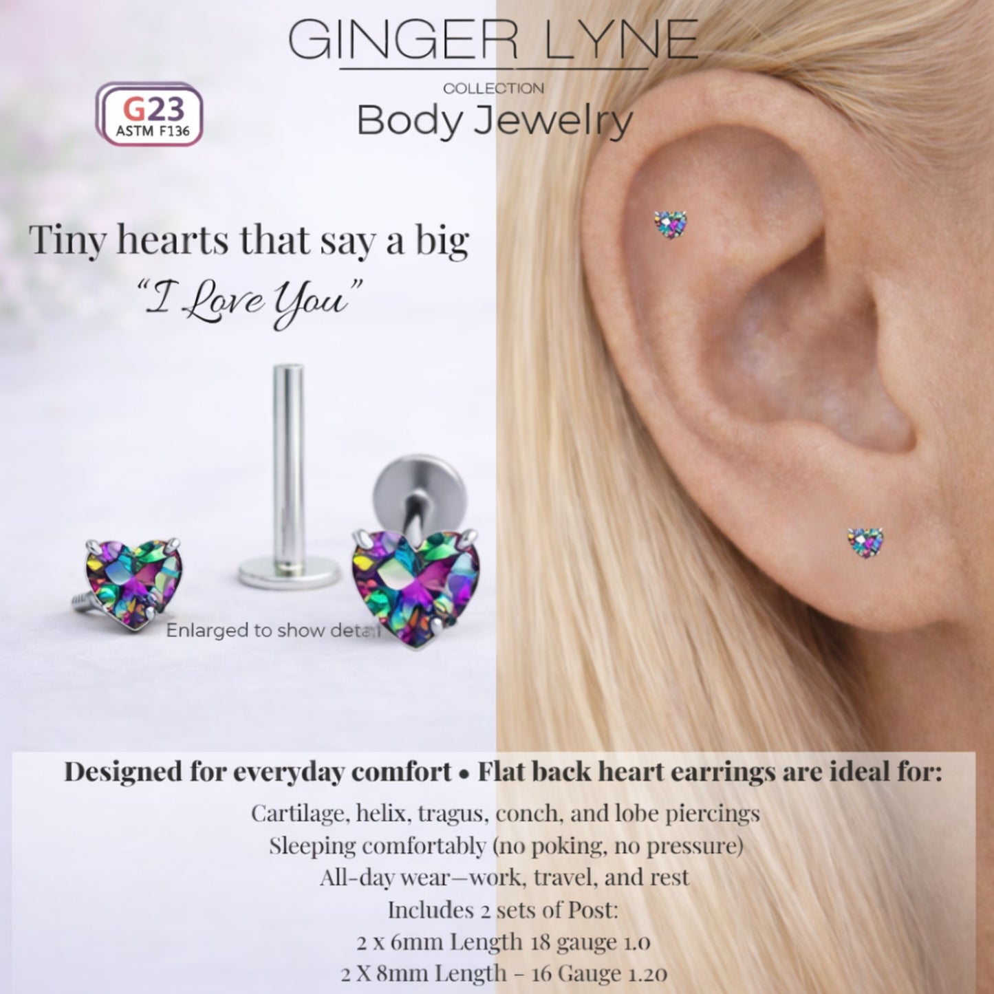 Small Heart CZ Solitaire Flat Back Stud Earrings Body Piercings by Ginger Lyne 2 Sets Post 6mm 8mm Included - 5mm-MysticRainbow