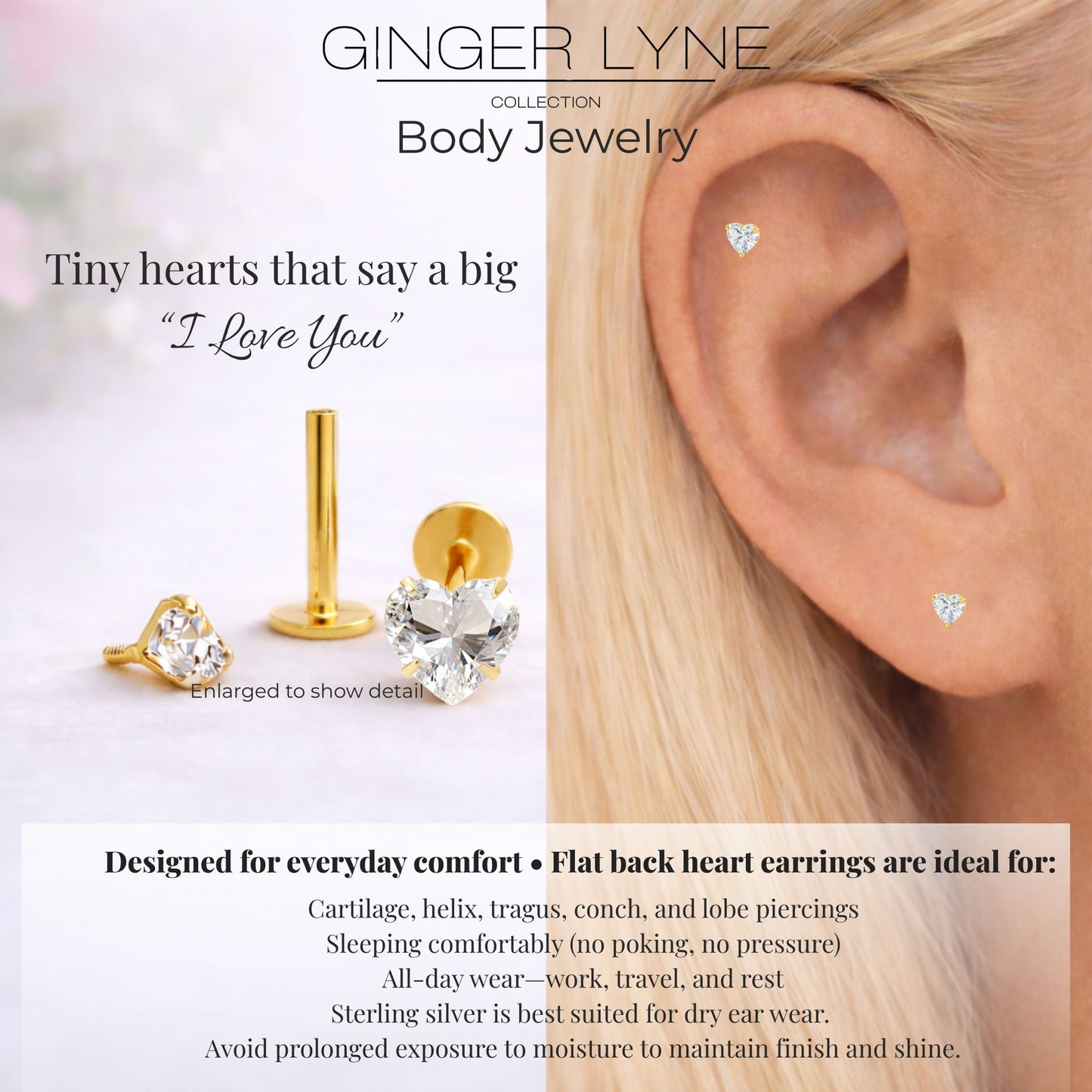 Ginger Lyne Solitaire Heart Flat Back Stud Earrings Sterling Silver Cubic Zirconia Body Jewelry - Gold-5mmCZ-16G-8mmPost